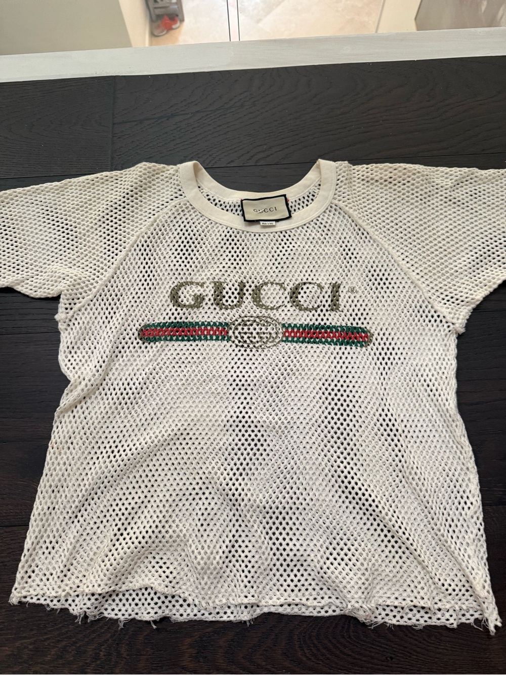 Gucci White Mesh Logo Tee with Green & Red Stripe